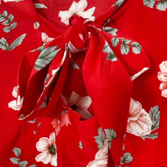 Intermix Silk Red Floral Mini dress flower shift cut out back ties bow twee sz M - Picture 7 of 13